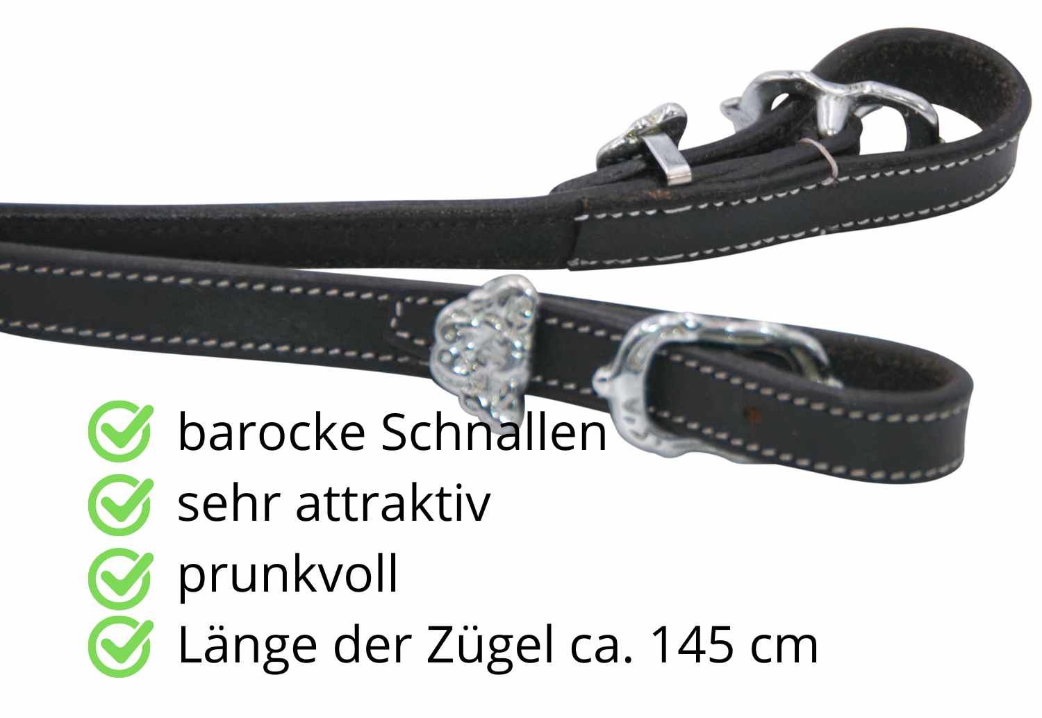Schwarze Zügel mit barocken Schnallen. Länge ca. 145 cm. Sehr attraktiv und prunkvoll.
