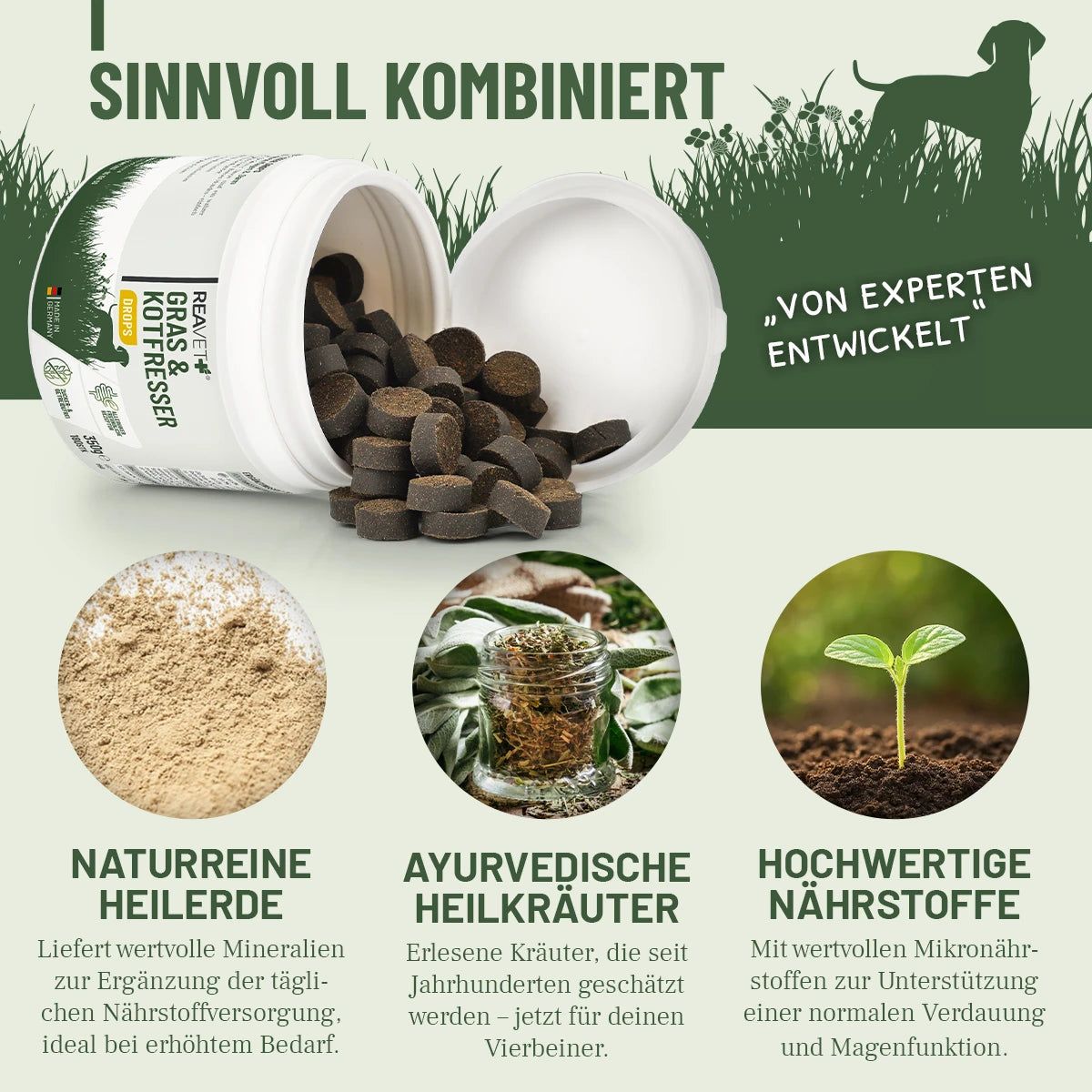 Geöffnete Dose mit Tabletten. Text: Sinnvoll kombiniert. Naturreine Heilerde, ayurvedische Heilkräuter, hochwertige Nährstoffe.