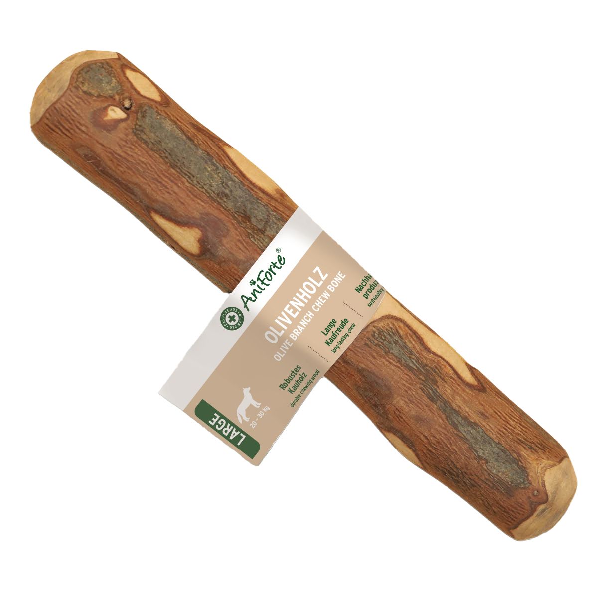 Olivenholz-Knabberknochen mit Etikett. Aufschrift: AniForte, Olivenholz, Large. Holzfarben.