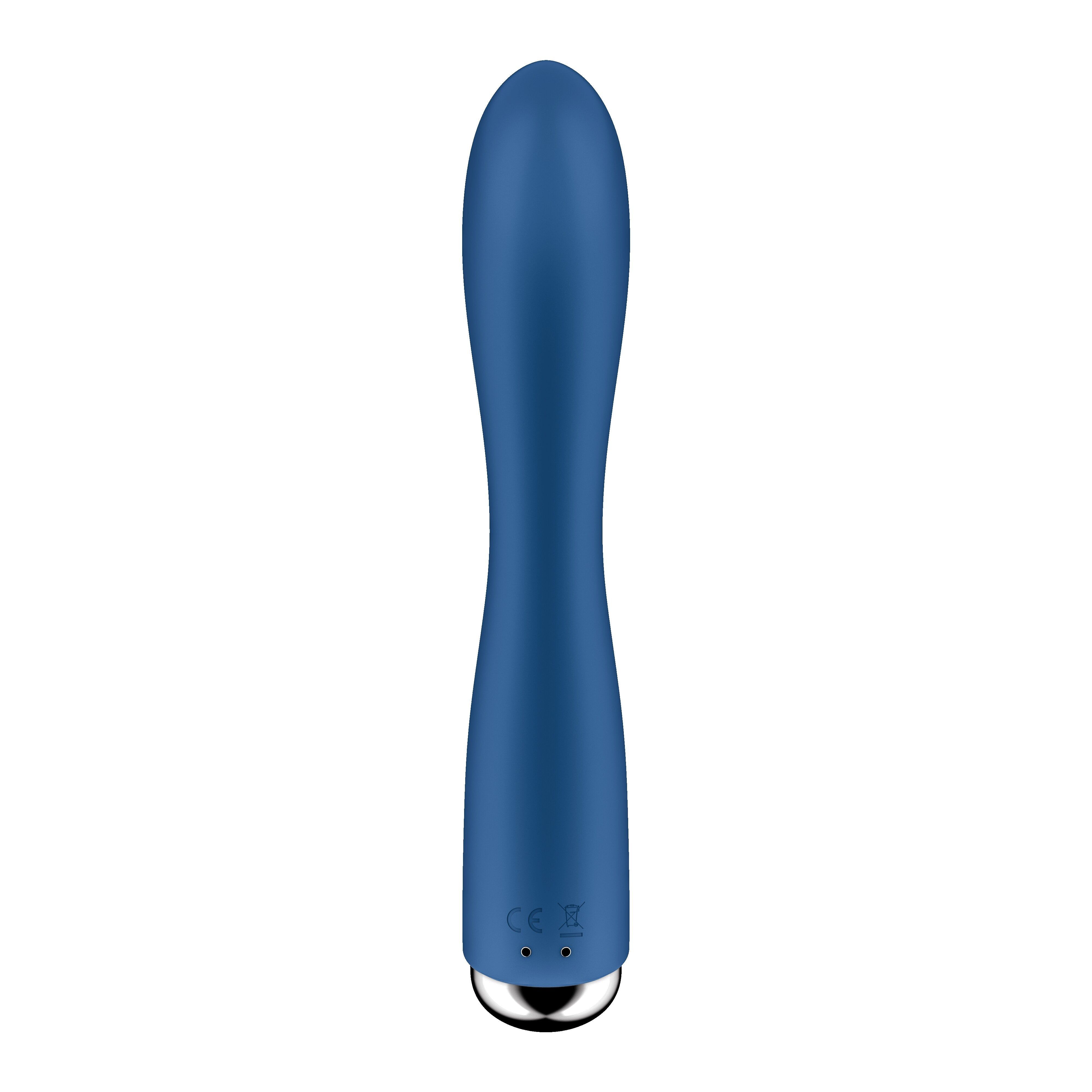 Blauer Vibrator mit länglicher Form und silberfarbenem Abschluss. CE-Zeichen.