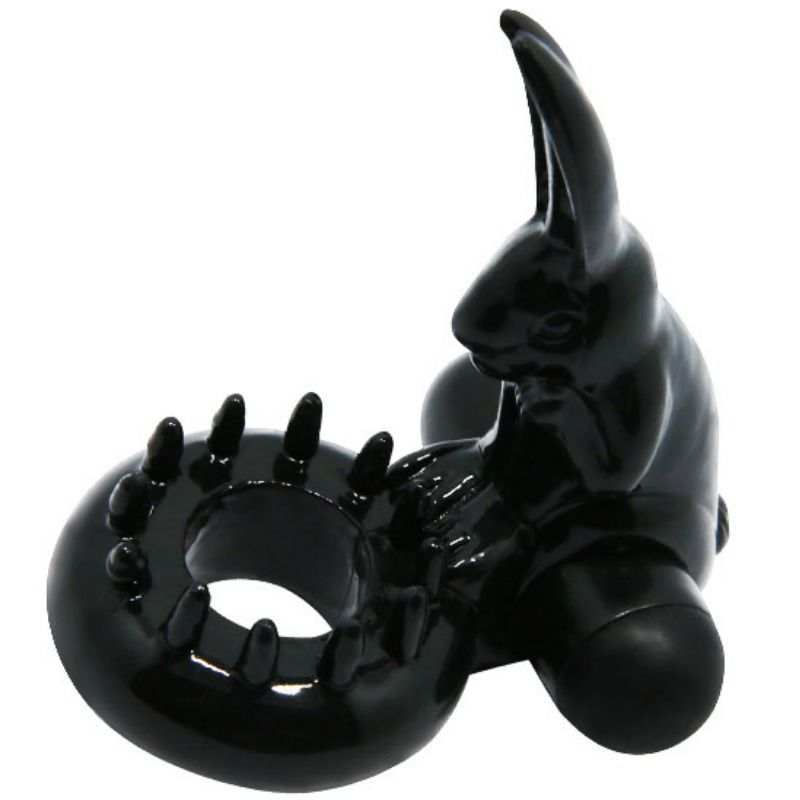 Schwarzer Vibrationsring mit Hasen-Design. Ring mit Noppen, Hase mit Ohren. Glänzende Oberfläche.