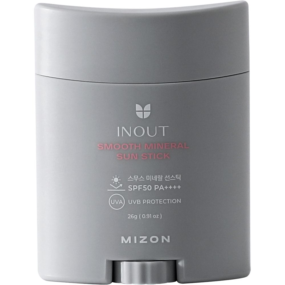 Grauer Sonnenschutz-Stick mit Aufschrift INOUT Smooth Mineral Sun Stick SPF50 PA++++. Marke MIZON.