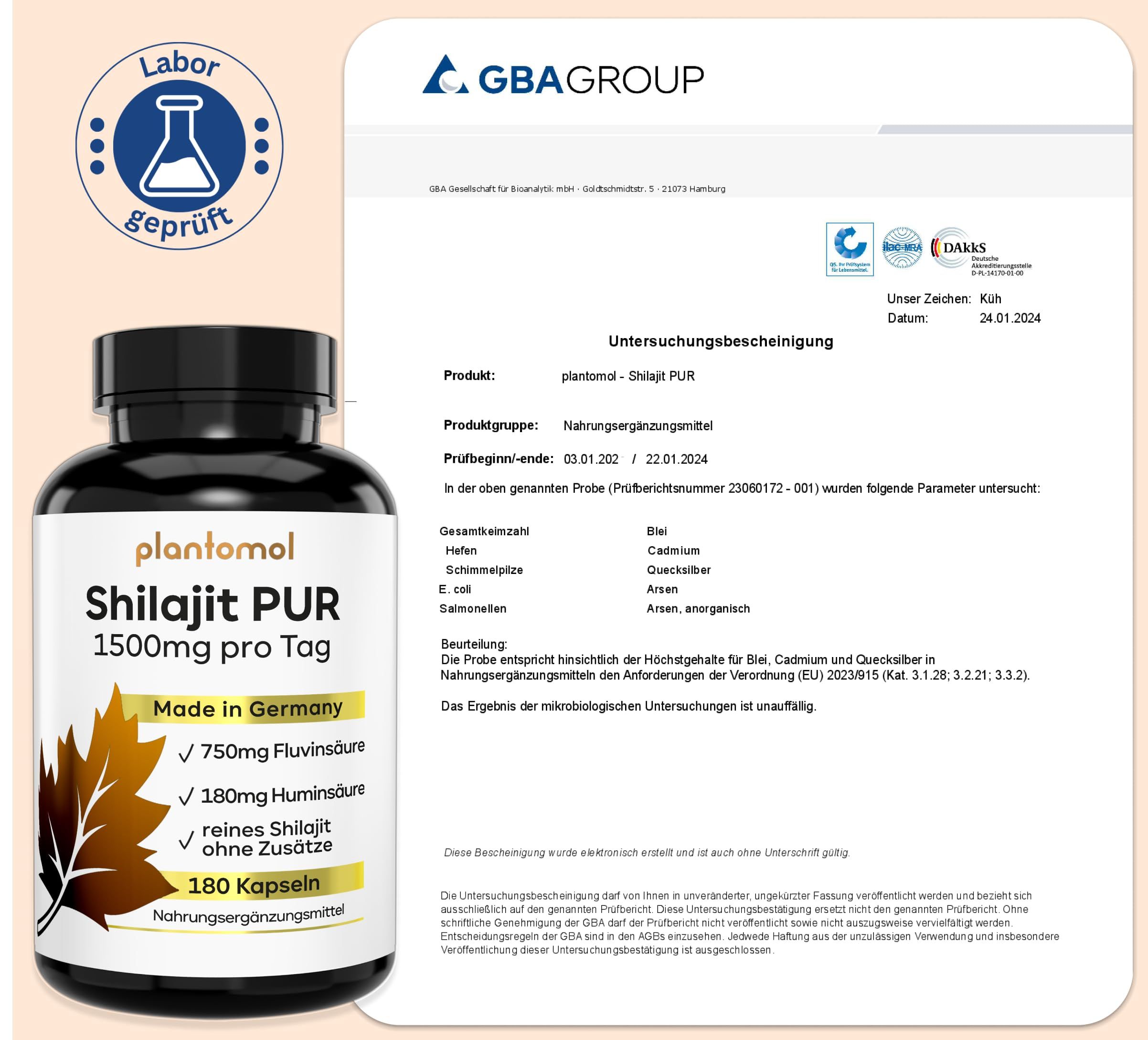 Braune Kapsel-Dose mit Etikett und Laborzertifikat. Schriftzug: plantomol Shilajit PUR 1500mg pro Tag. Enthält 180 Kapseln. Hergestellt in Deutschland.