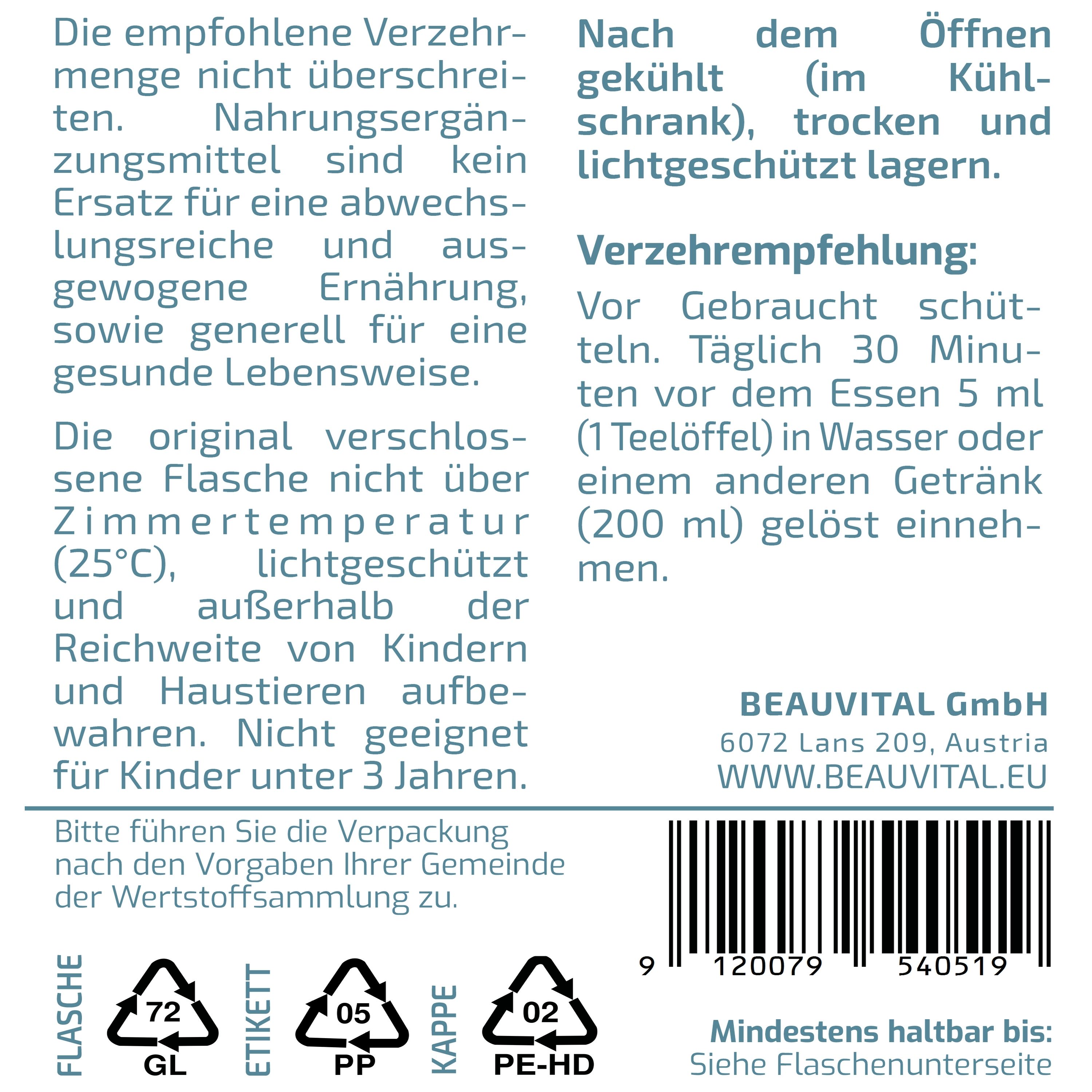 Rückseite der BEAUVITAL® Bio Hericium Kur Extrakt Flasche mit Anwendungshinweisen.