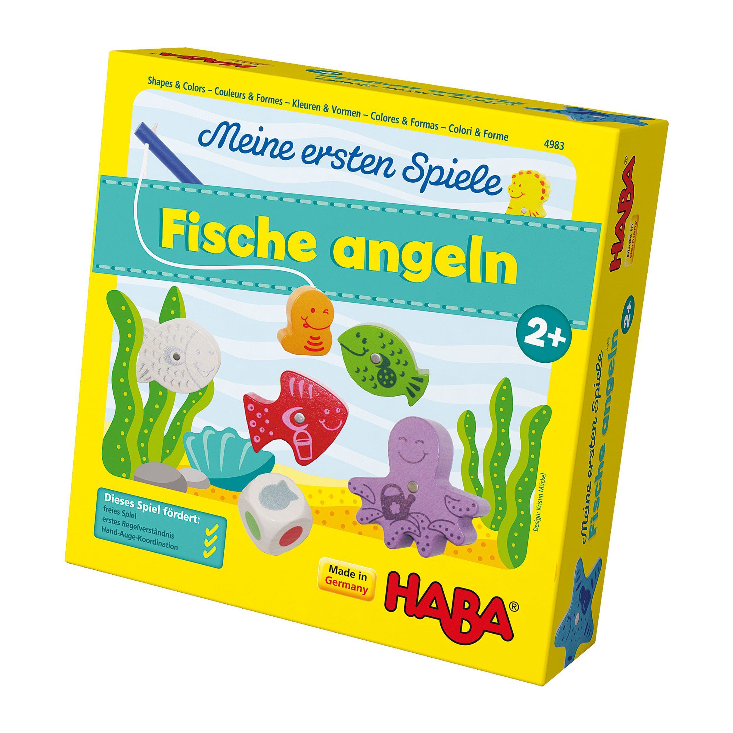 Gelbe Box mit Spiel "Meine ersten Spiele - Fische angeln". Abbildung von Fischen und Angel. HABA Logo.