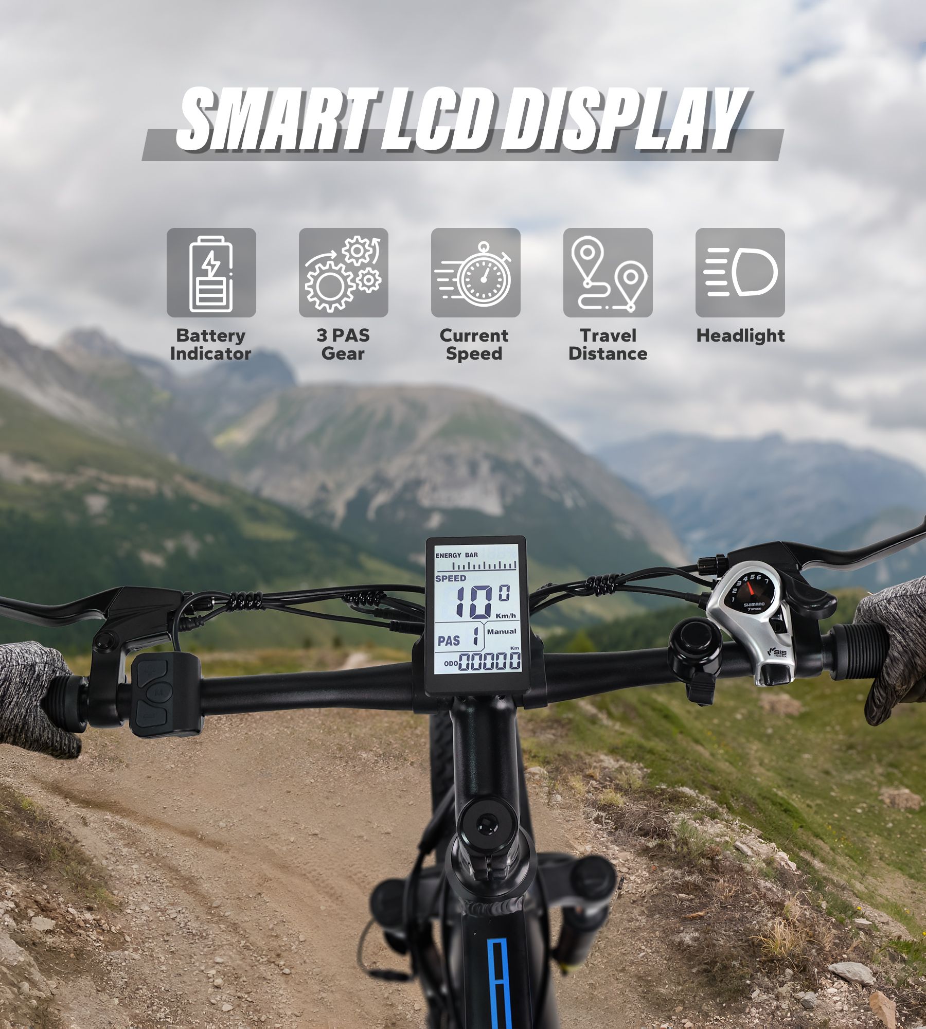 E-Bike-Lenker mit Smart-LCD-Display. Batterieanzeige, Gänge, Geschwindigkeit, Distanz, Scheinwerfer.