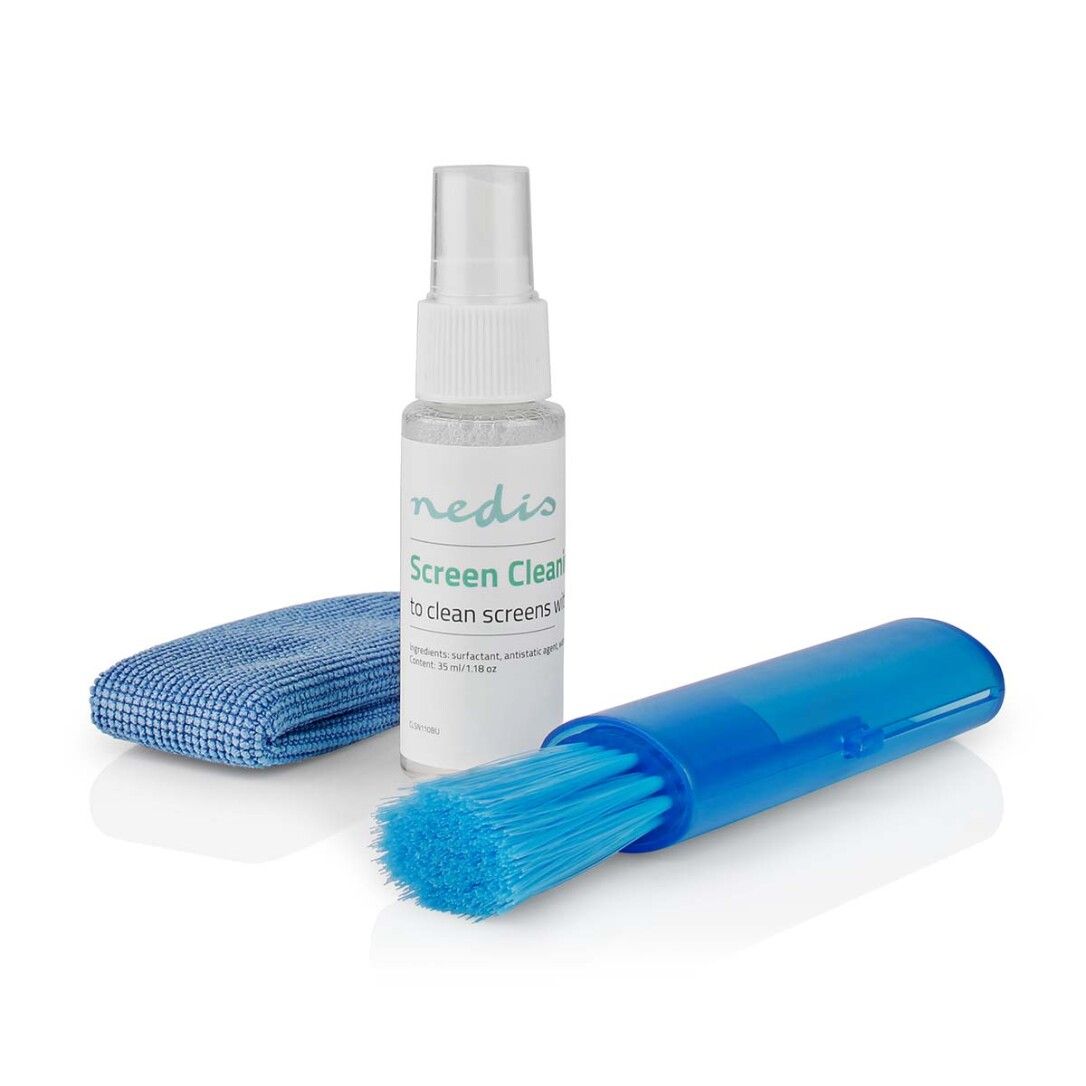 Bildschirmreiniger-Set mit Reiniger, Tuch und Bürste. Reinigerflasche mit Text: Screen Clear. Bürste in blauem Gehäuse.
