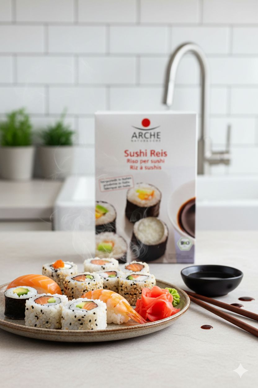 Arche Sushi Reis Packung neben einer Platte mit Sushi, Garnelen, Lachs und Sojasauce in einer Küche.