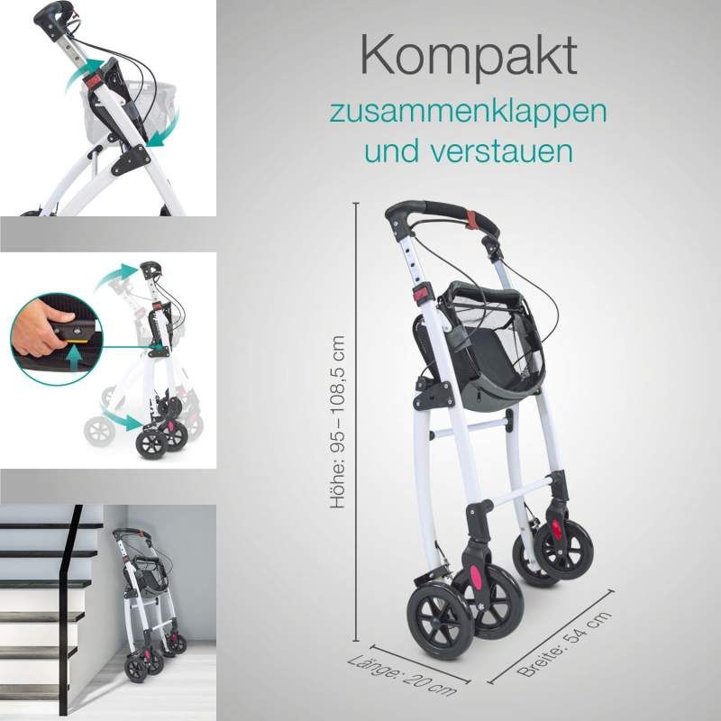 Rollator zusammengeklappt. Weißer Rahmen, schwarze Räder und Korb. Maße: Höhe 95-108,5 cm, Länge 20 cm, Breite 54 cm.