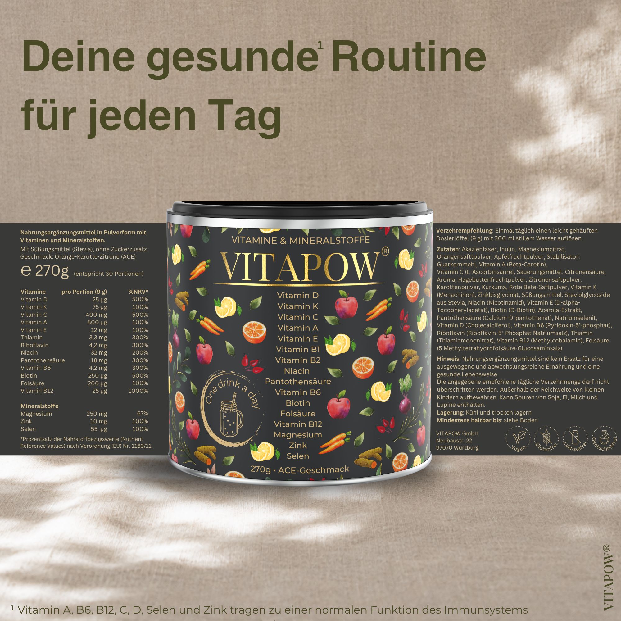 Vitapow Multivitamin Pulver Dose mit Nährwertangaben und Zutatenliste, auf einem Tisch stehend.