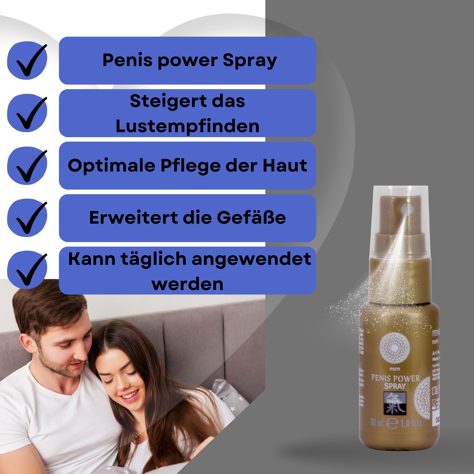 Goldene Sprühflasche. Text: Penis Power Spray, 30ml. Neben Texten: Steigert das Lustempfinden, etc.