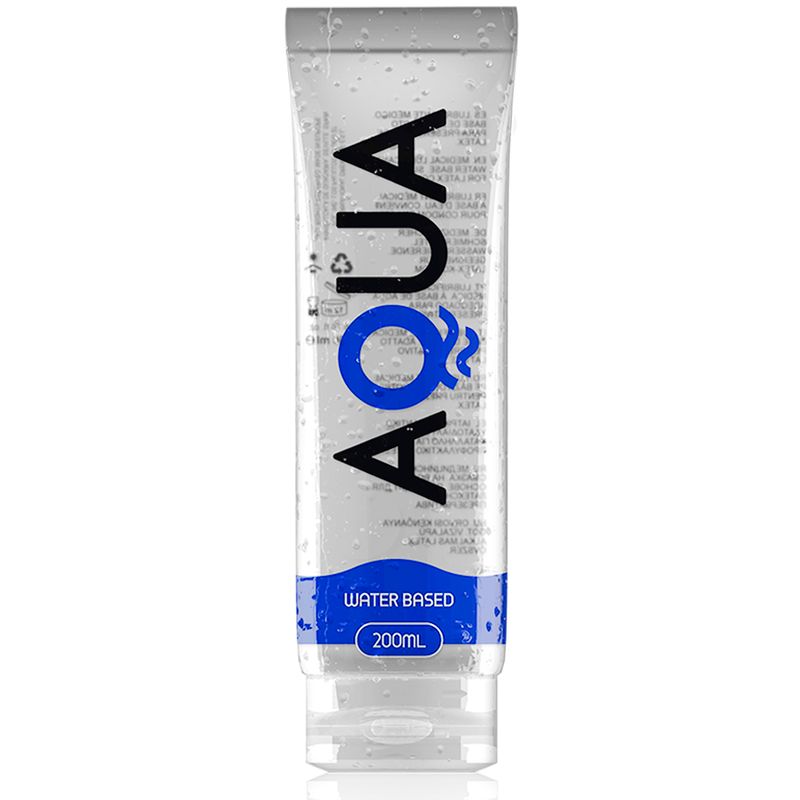 Aqua Wasserbasierte Gleitcreme in einer durchsichtigen Tube mit blauem Etikett, 200ml.