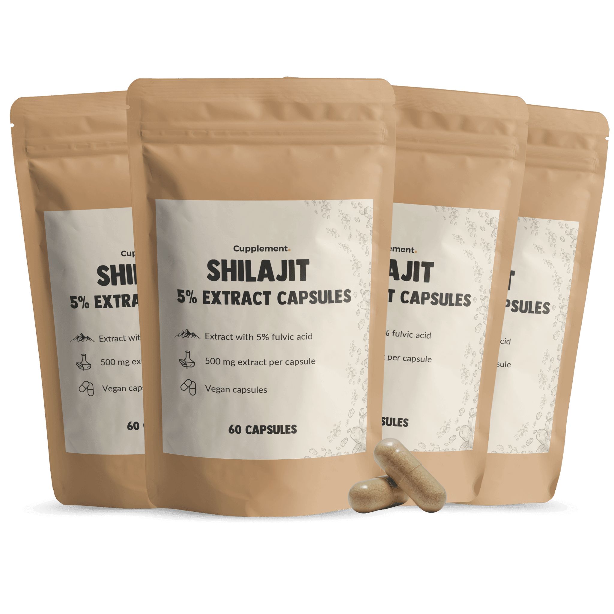 Mehrfachpackung Shilajit Extrakt Kapseln. Braune Beutel mit Produktinformationen und Kapseln.