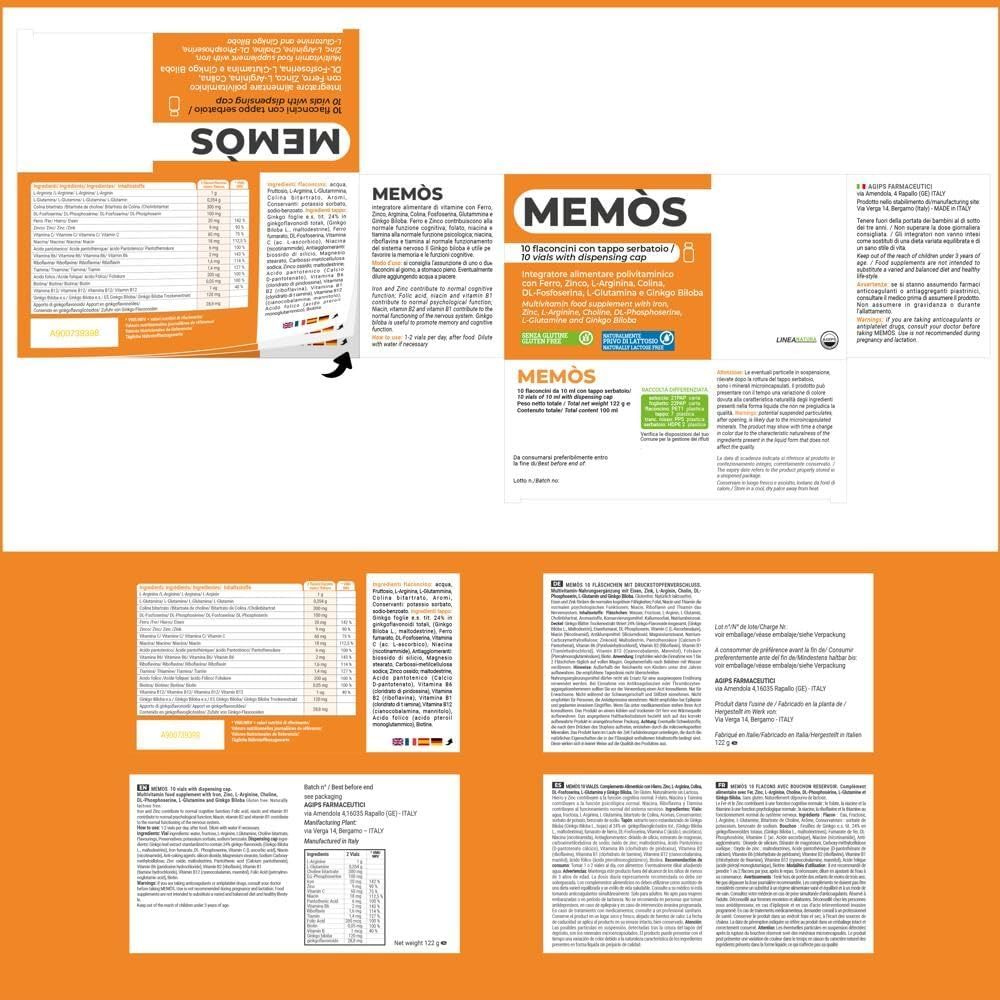 Mehrere Ansichten der MEMOS-Verpackung mit Produktinformationen, Inhaltsstoffen und Gebrauchsanweisungen in verschiedenen Sprachen. Logo und Zertifizierungen.