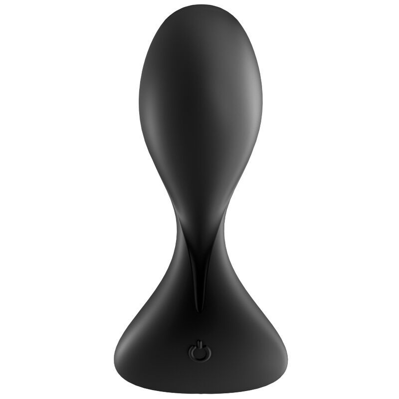 Schwarzer Analvibrator mit Tropfenform. Basis mit Power-Taste. Oberteil oval, verjüngt sich zur Basis.