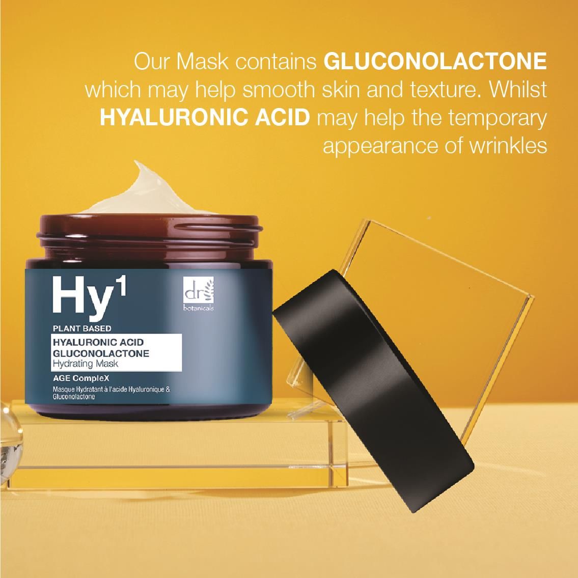 Dr. Botanicals Hy1 Maske mit Hyaluronsäure und Gluconolacton, mit Deckel daneben.