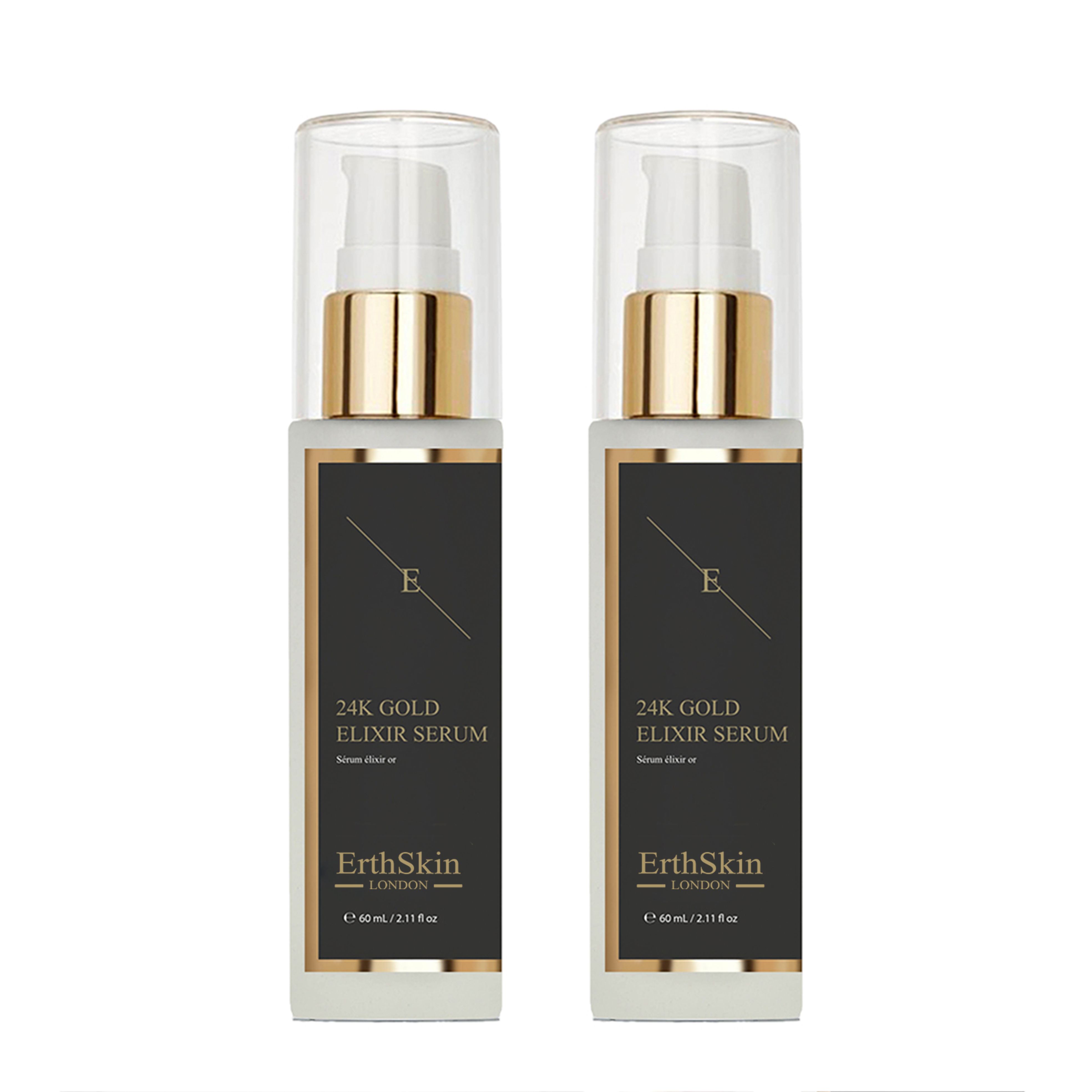 Zwei Flaschen ErthSkin London 24K Gold Elixir Serum. Rechteckige Form, schwarzes Etikett, goldfarbener Deckel und Pumpe. Klare Flüssigkeit sichtbar.