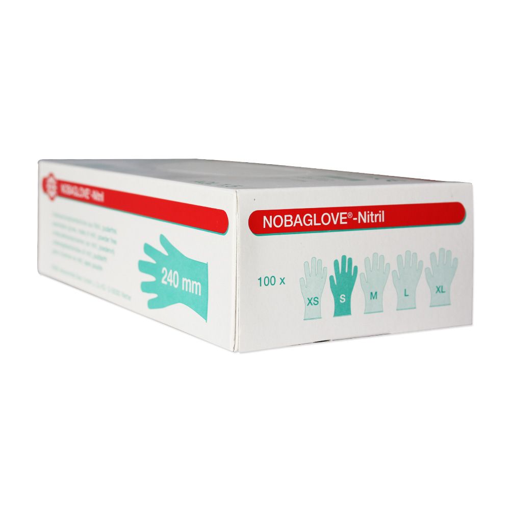 Verpackung mit Nitrilhandschuhen. Aufschrift: NOBAGLOVE-Nitril. Größen XS bis XL. 100 Stück. Handschuh-Umriss mit 240 mm.