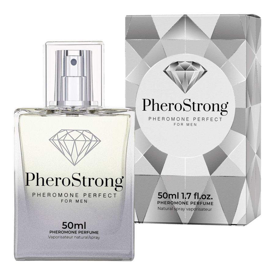 PheroStrong Pheromon Parfüm für Männer, 50ml Flakon mit Sprühkopf und passender Verpackung.