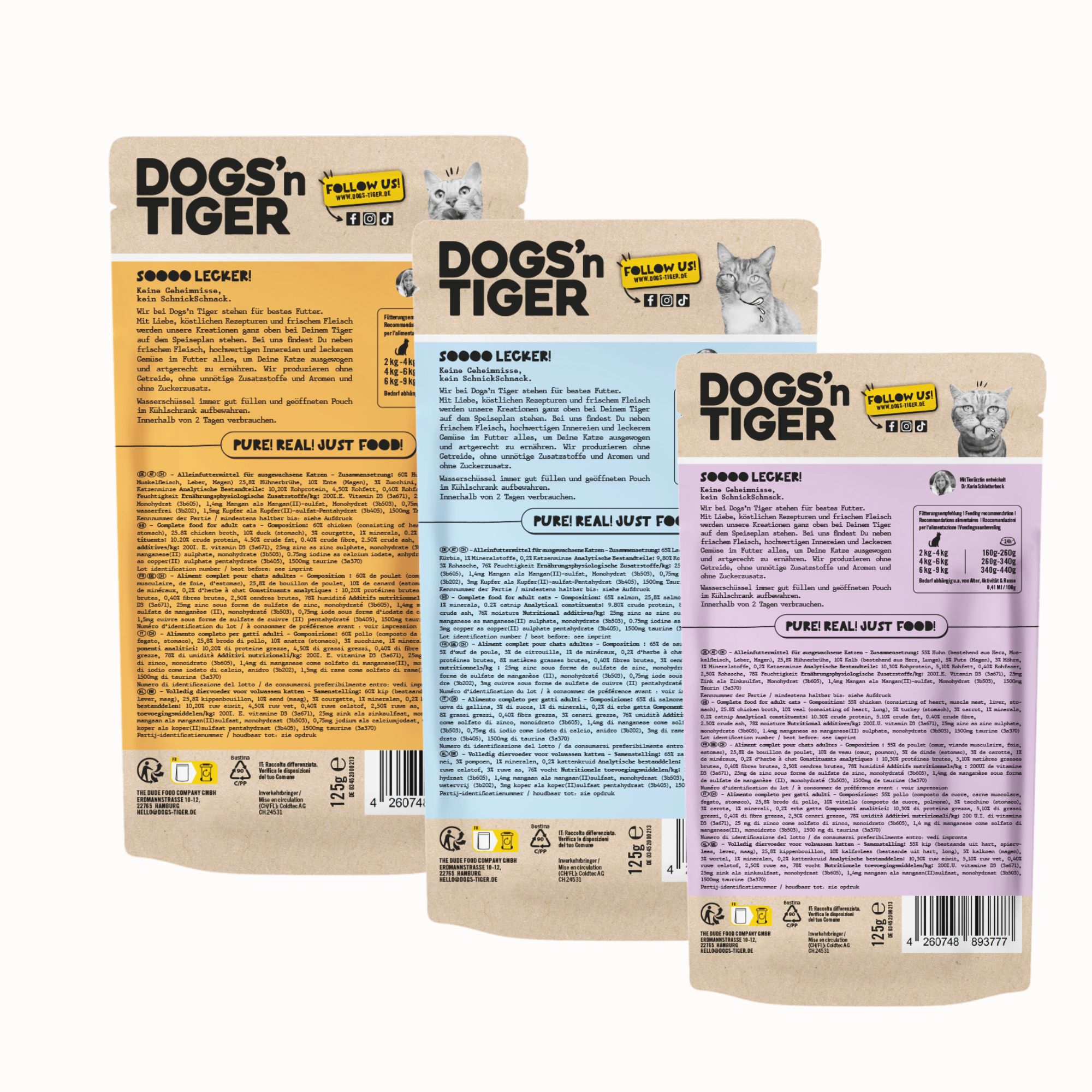 Drei Beutel Katzenfutter, Rückseite. Aufdruck: Dogs'n Tiger, Zutaten, Nährwerte. Verschiedene Geschmacksrichtungen.