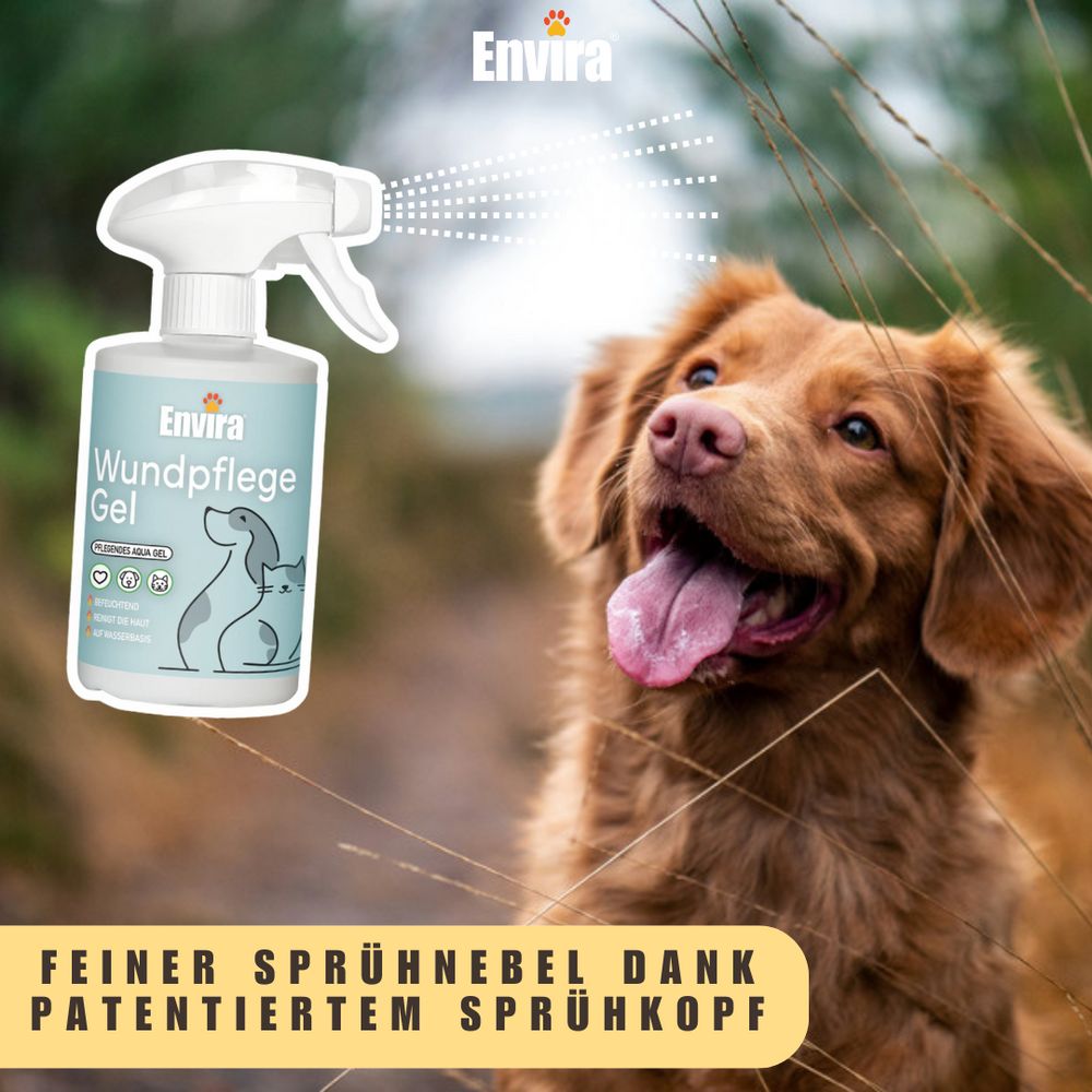 Hund im Freien mit Sprühnebel. ENVIRA Wundpflege Gel Flasche mit Sprühkopf. Text: Feiner Sprühnebel dank patentiertem Sprühkopf.