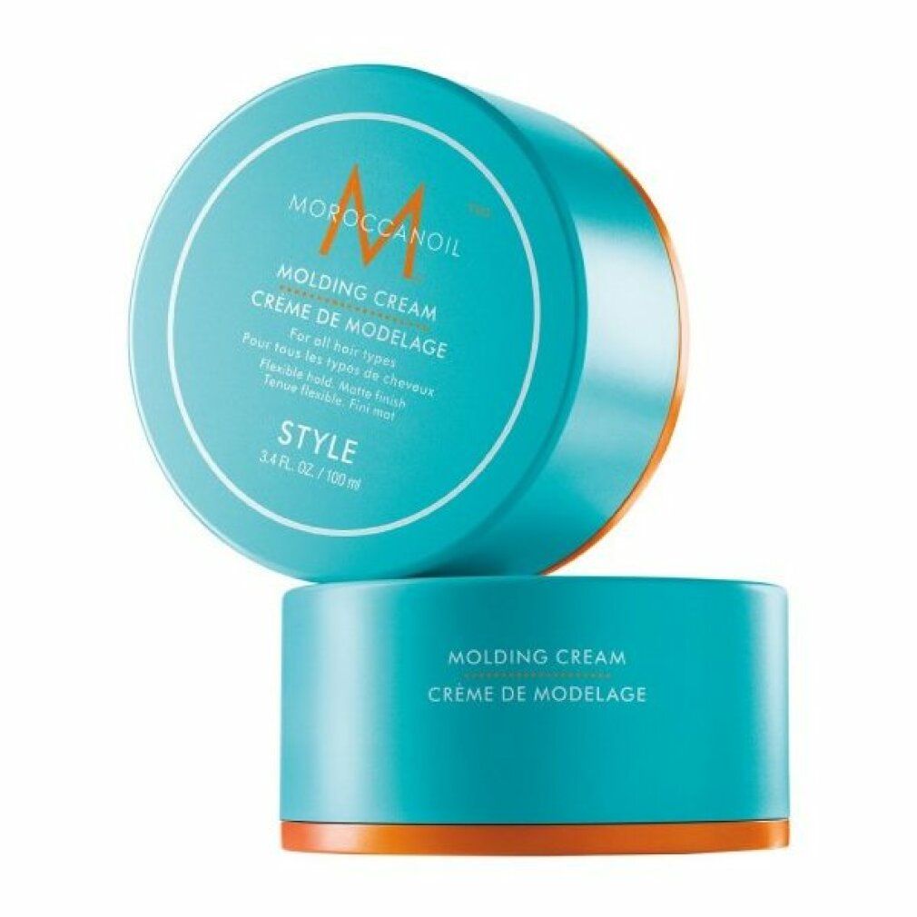 Zwei türkisfarbene Dosen mit weißem Deckel. Aufschrift: Moroccanoil Molding Cream. Orangefarbener Rand. Text: Style, 3.4 fl. oz. / 100 ml.