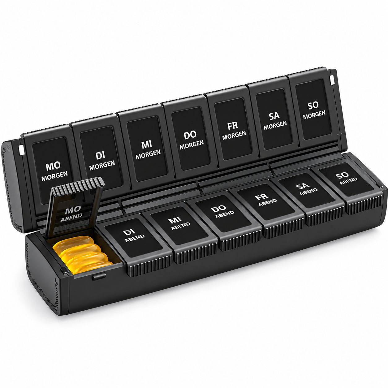 Pillen-Organizer mit Metallscharnier, klaren Beschriftungen und stoßfestem ABS-Material.