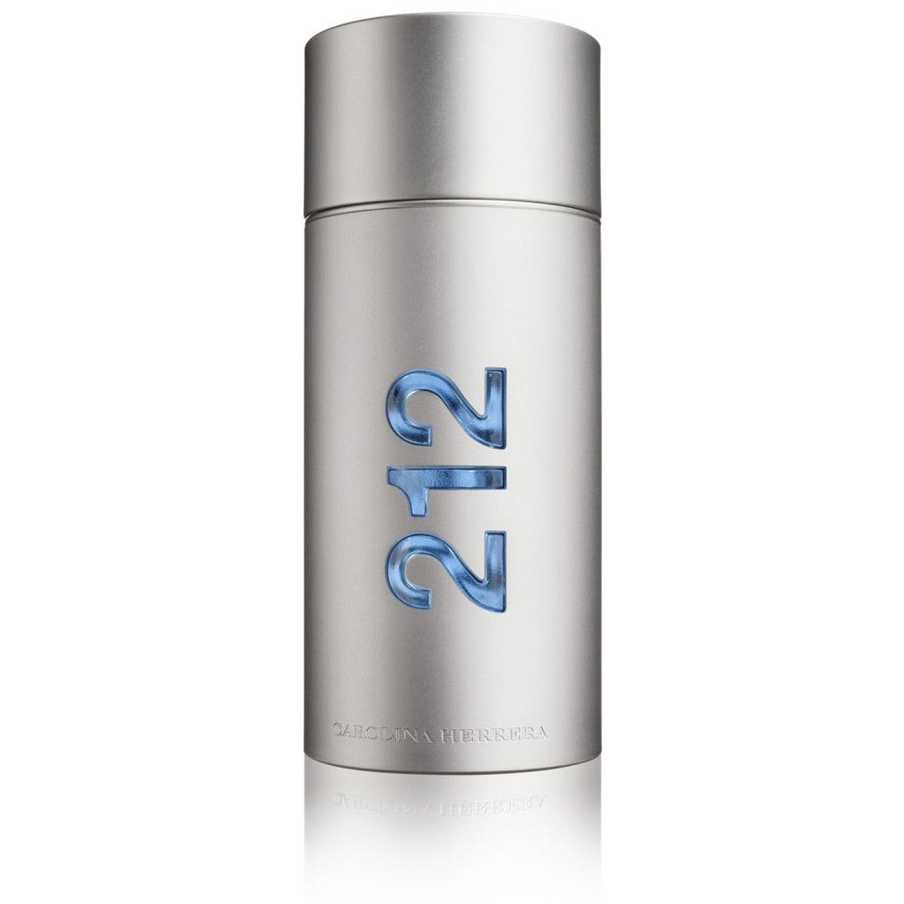 Carolina Herrera 212 Men Eau de Toilette. Silberfarbener Flakon mit blauer Aufschrift 212. Zylindrische Form mit Deckel.