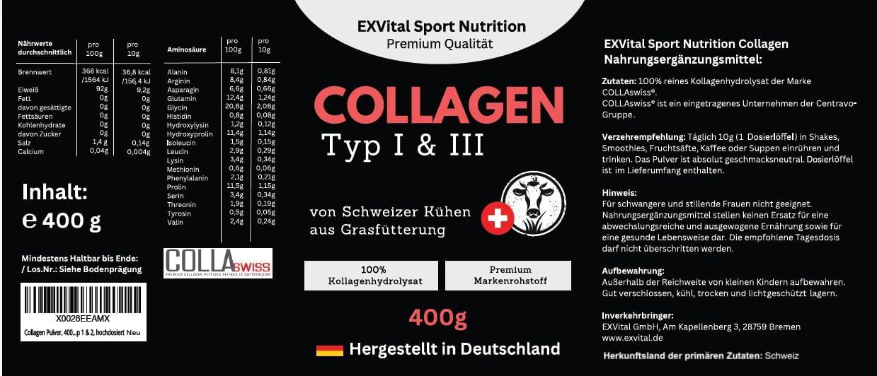 Etikett EXVital Collagen Pulver. Collagen Typ I & III. 400g. Schweizer Kühe aus Grasfütterung. Premium Qualität. Hergestellt in Deutschland.