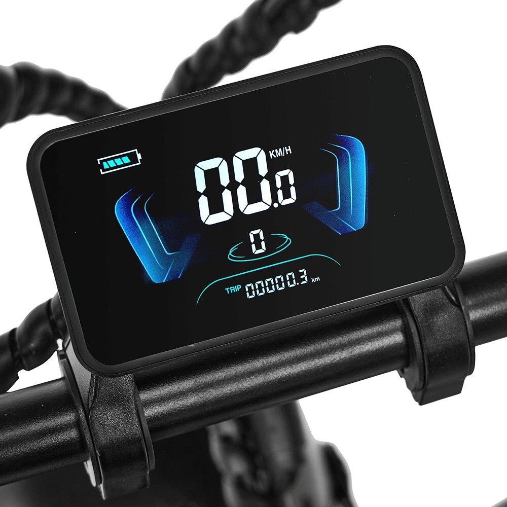 Digitales Display mit blauer Beleuchtung. Zeigt Geschwindigkeit, Batterieanzeige und Kilometerstand an. Schwarzer Rahmen.