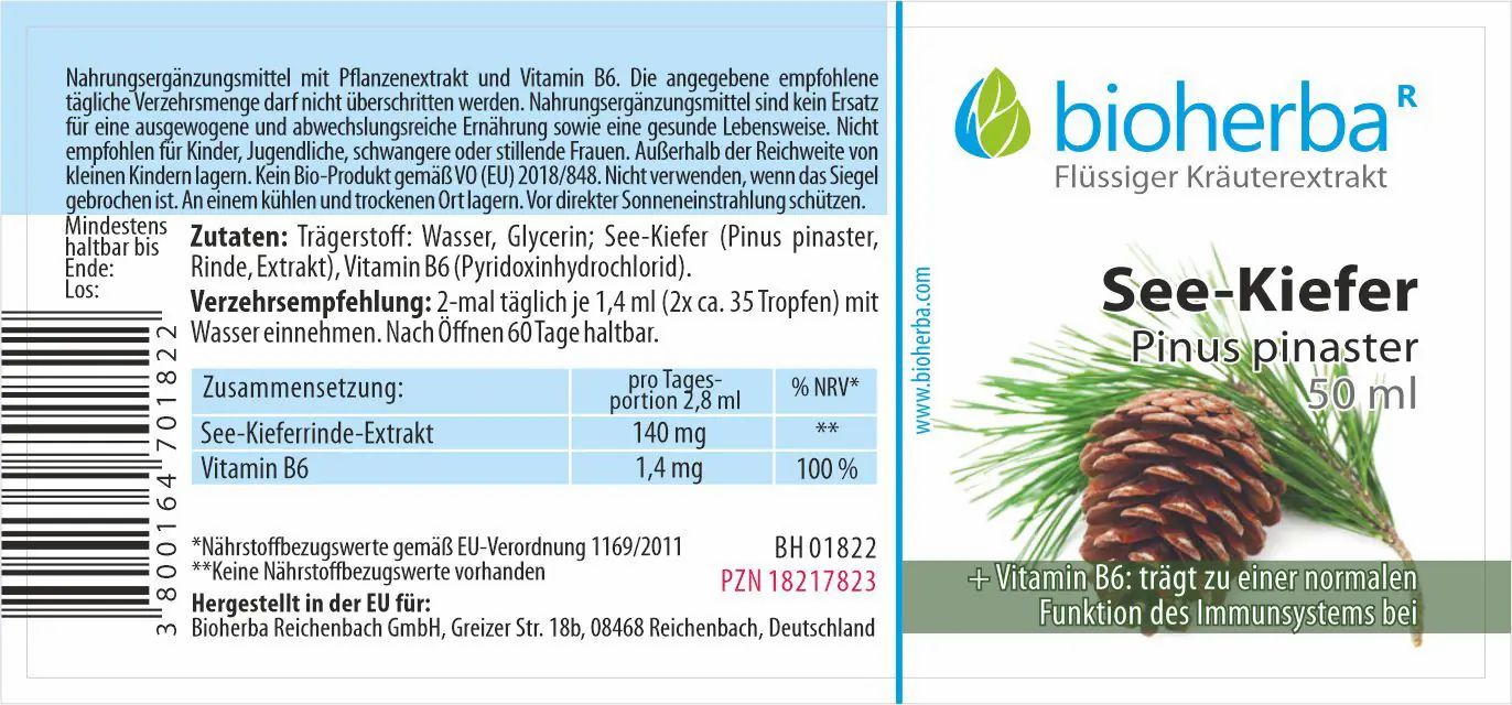 Etikett mit Logo, Produktname, Kiefernzapfen-Illustration und Text. Enthält Nährwertangaben und Zutaten.
