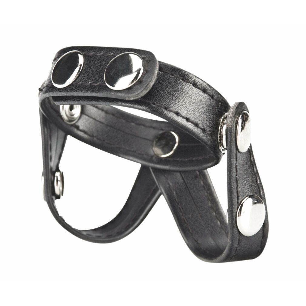 Schwarzer Penisring mit Hodentrenner. Lederoptik mit silberfarbenen Knöpfen. Geschwungene Form.