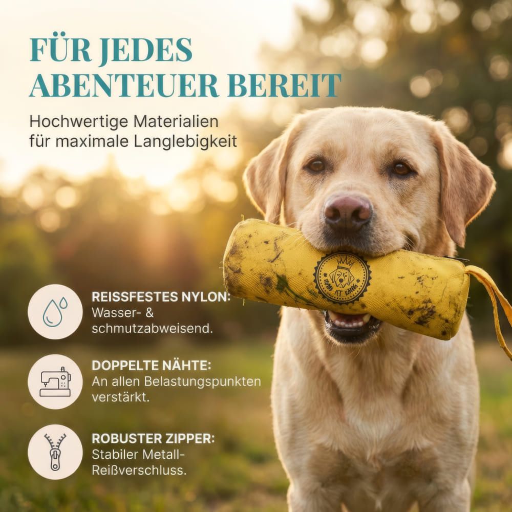 Gelber Futterbeutel mit Handschlaufe. Text: Reißfestes Nylon, doppelte Nähte, robuster Zipper. Ein Hund trägt den Beutel.