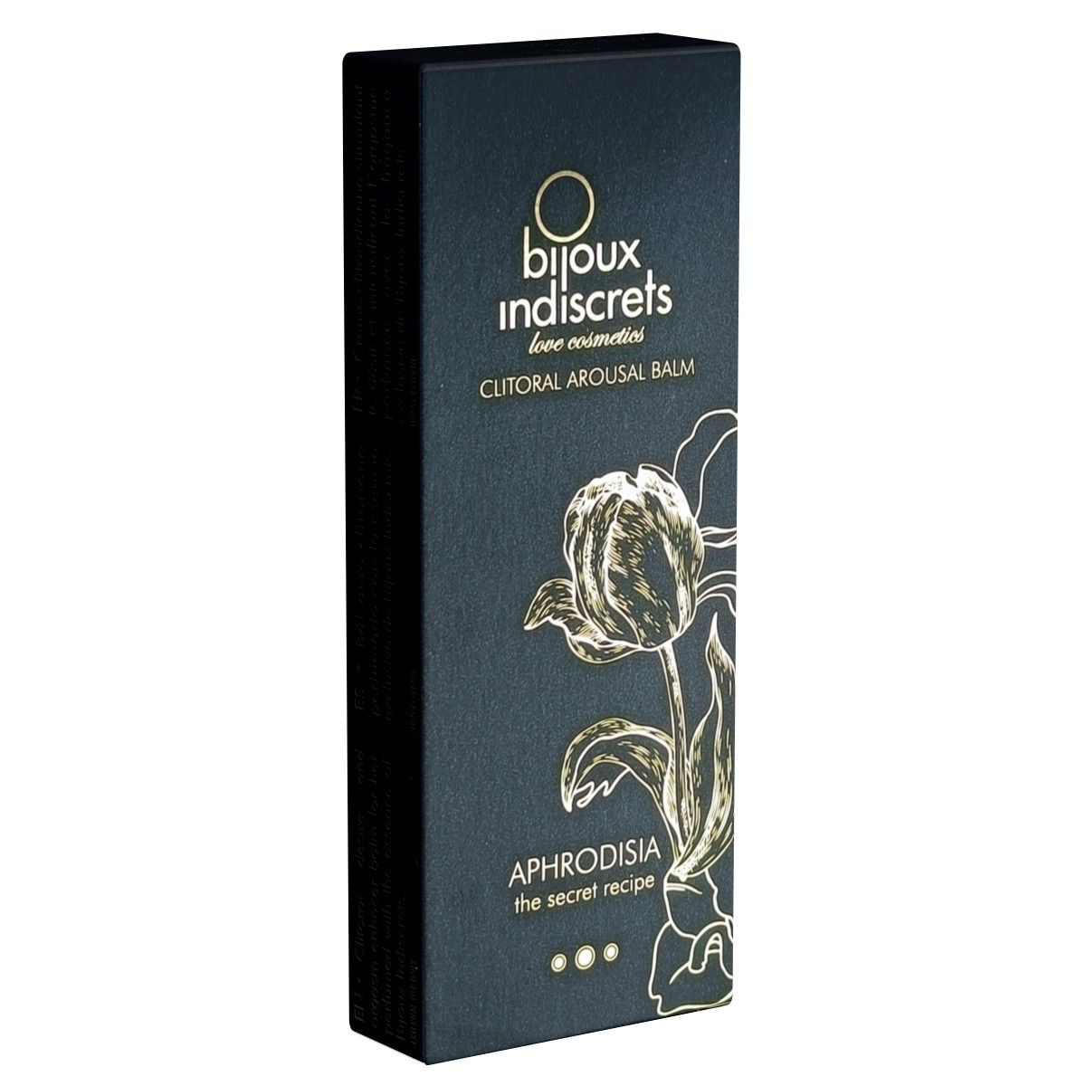 Schwarze Verpackung mit goldenem Aufdruck. Text: Bijoux Indiscrets, Aphrodisia, Clitoral Arousal Balm. Abbildung einer Blume.