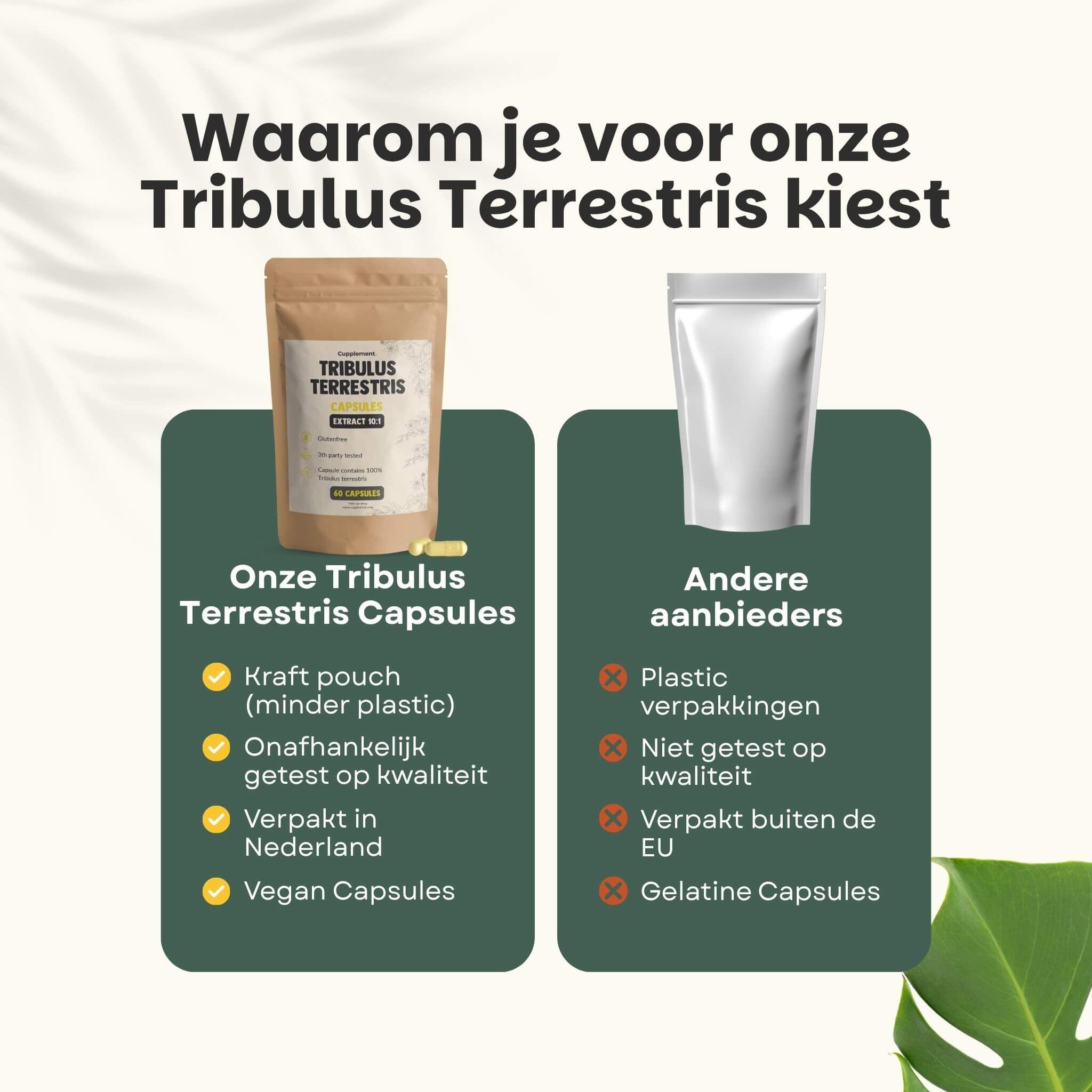 Vergleich von Tribulus Terrestris Kapseln: Kraftbeutel vs. Plastikverpackung, vegan vs. Gelatine.