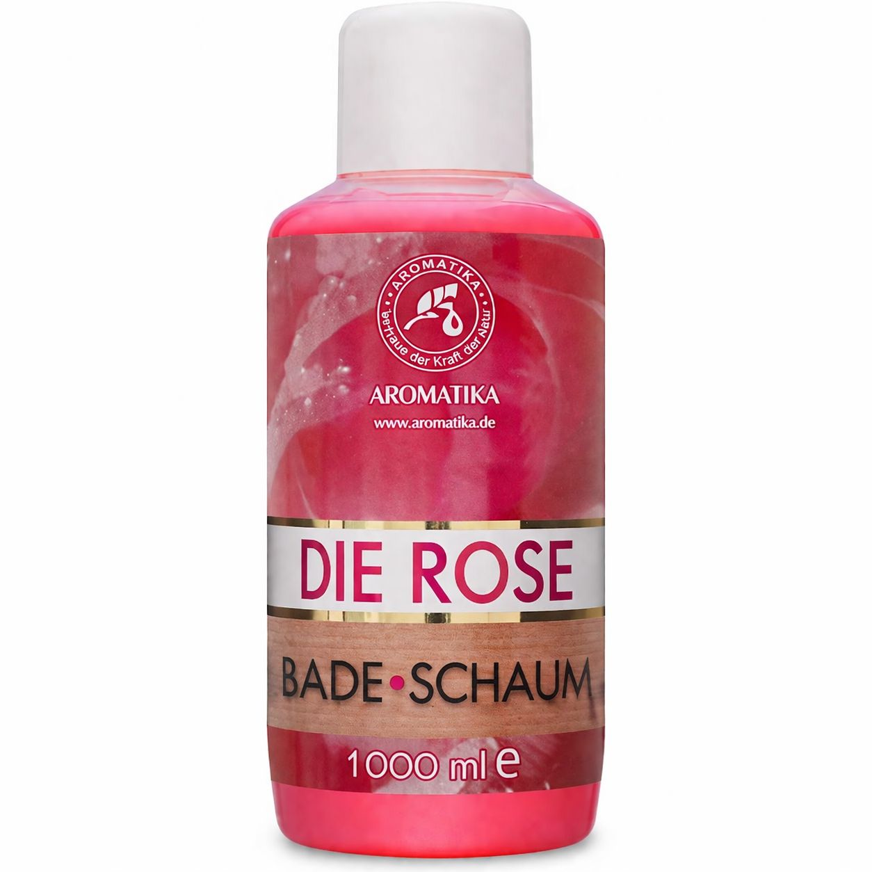 Rosa Flasche mit weißem Deckel. Aufschrift: AROMATIKA, DIE ROSE BADE SCHAUM, 1000 ml.