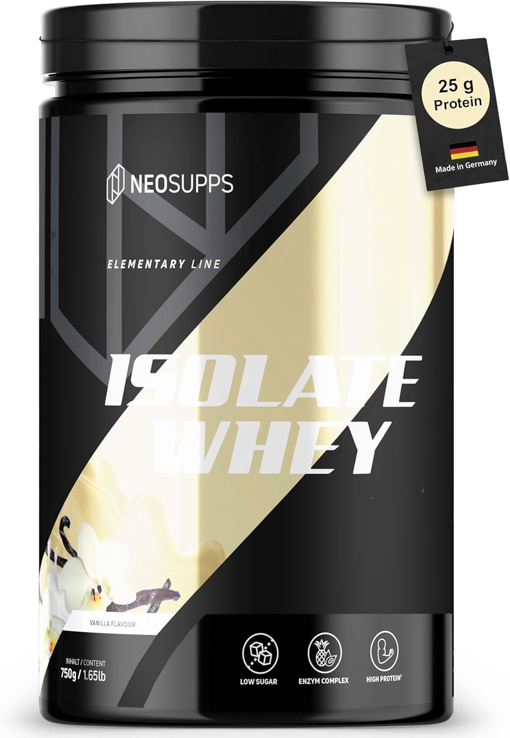 Isolate Whey Dose. Aufschrift: Neosupps, Elementary Line, Isolate Whey, Vanilla Flavour, 25 g Protein.