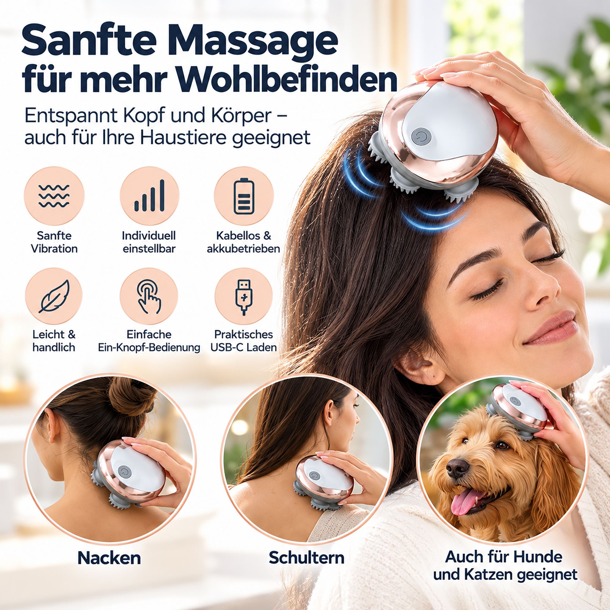 Kopfmassagegerät in Weiß und Roségold, kabellos, mit 4 rotierenden Massageköpfen.