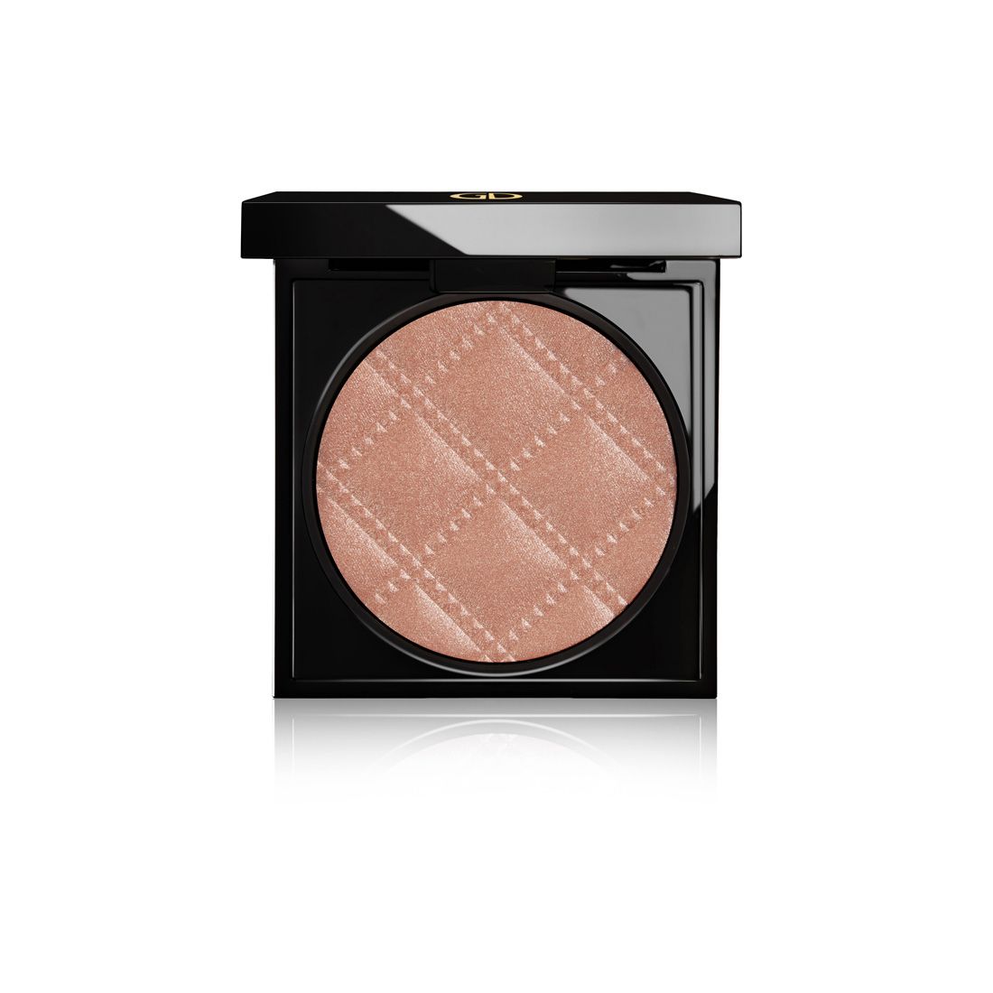 Bronzing Powder in schwarzer quadratischer Kompaktverpackung. Der runde Puder hat ein geprägtes Muster.