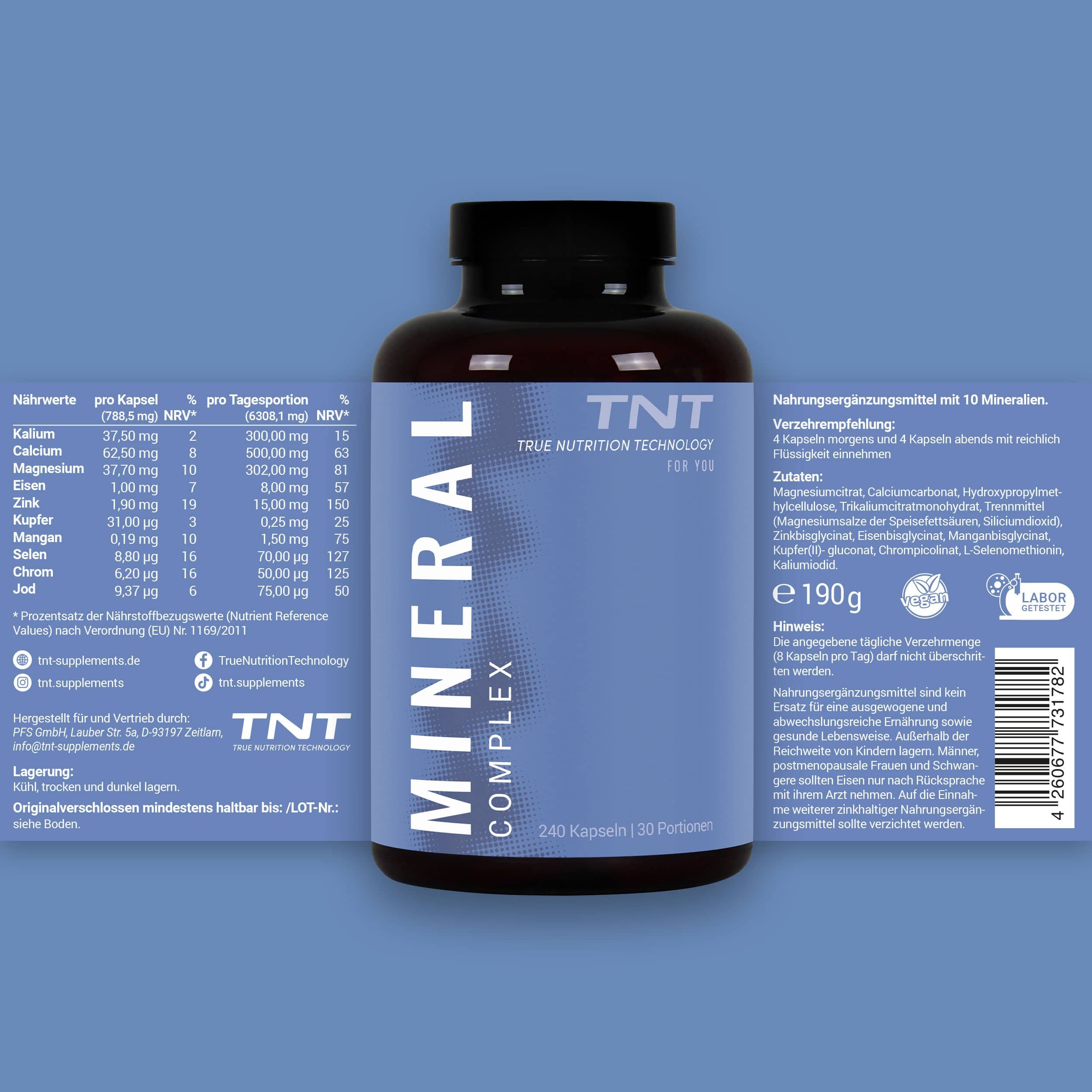 Braune Flasche mit blauem Etikett. Aufschrift: MINERAL COMPLEX, TNT. Enthält 240 Kapseln. Nährwertangaben und Inhaltsstoffe.