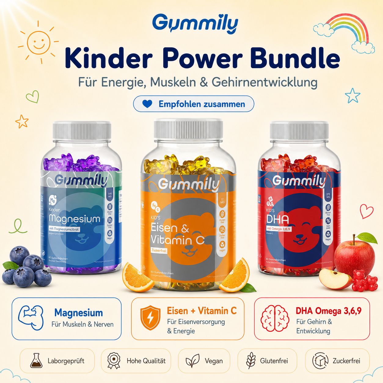 Gummily Kinder Power Bundle: Magnesium, Eisen & Vitamin C, DHA.