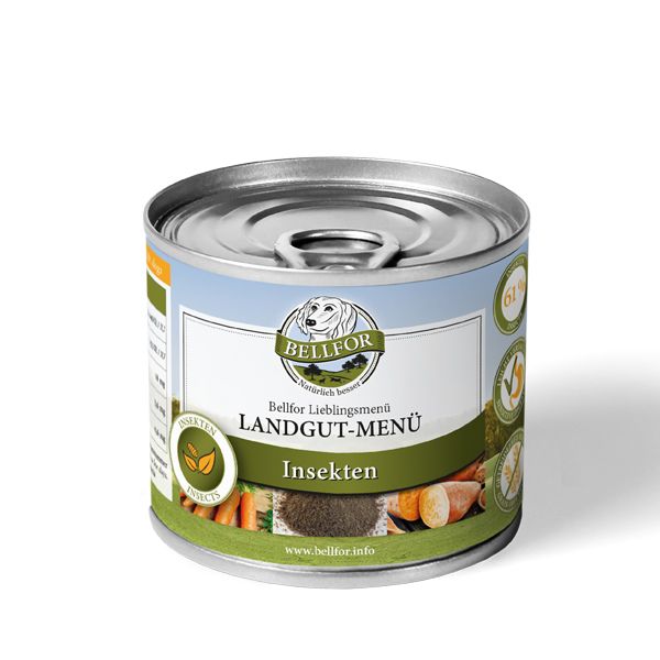 Eine Dose Nassfutter mit dem Bellfor-Logo und der Aufschrift "Landgut-Menü Insekten".