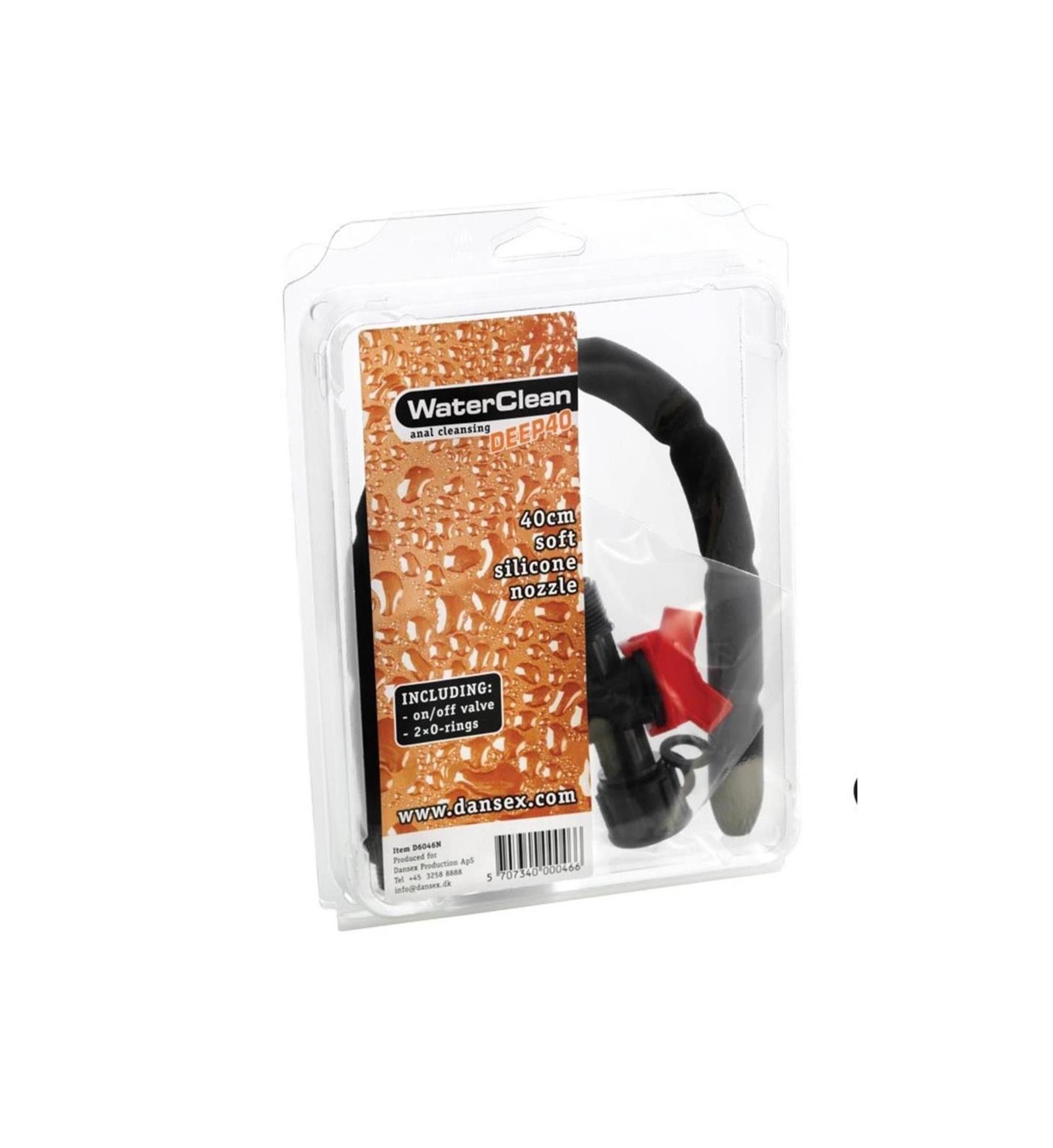 WaterClean Anal-Reinigung Deep 40 in transparenter Verpackung. Enthält Schlauch und Zubehör. Schwarzer Schlauch, rotes Ventil.