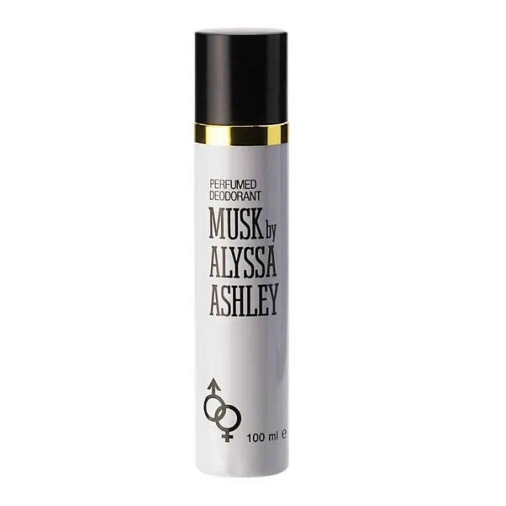 Deodorant-Spray mit schwarzem Deckel. Aufschrift: Musk by Alyssa Ashley. Geschlechter-Symbol. Weißes Behältnis.