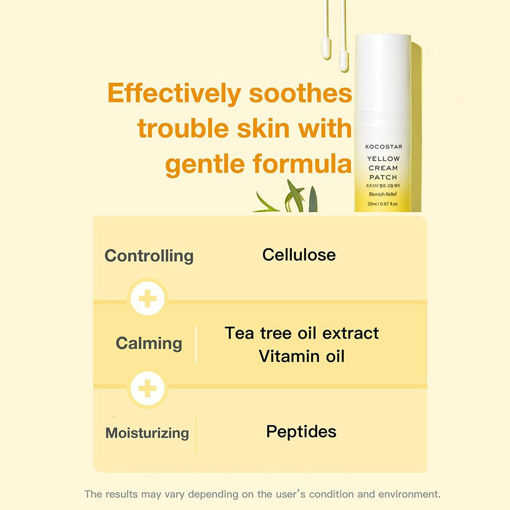 Gelber Hintergrund mit Text und KOCOSTAR Yellow Cream Patch. Inhaltsstoffe: Cellulose, Teebaumölextrakt, Vitaminöl, Peptide.