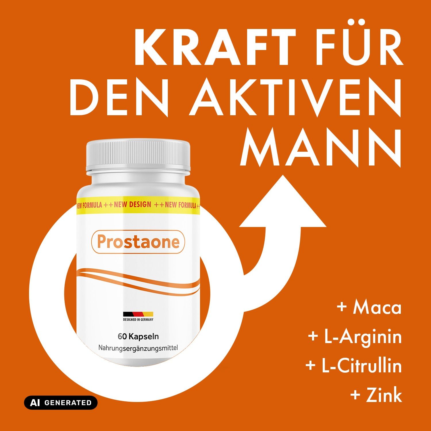 Flasche Prostaoone Kapseln mit Liste der Inhaltsstoffe: Maca, L-Arginin, L-Citrullin, Zink.