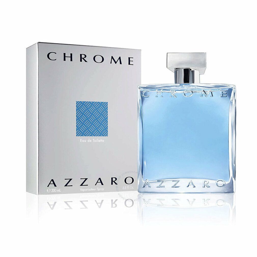 Flakon und Verpackung. Flakon mit hellblauer Flüssigkeit. Verpackung: weiß mit blauem Muster, "CHROME" und "AZZARO".