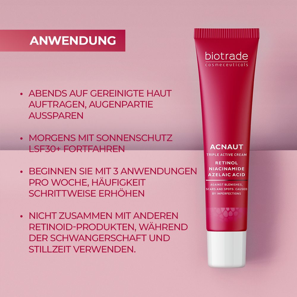 Rote Tube mit Text und Logos. Text: Anwendung. Aufzählung von Anwendungshinweisen. Biotrade Acnaut Triple Active Cream.
