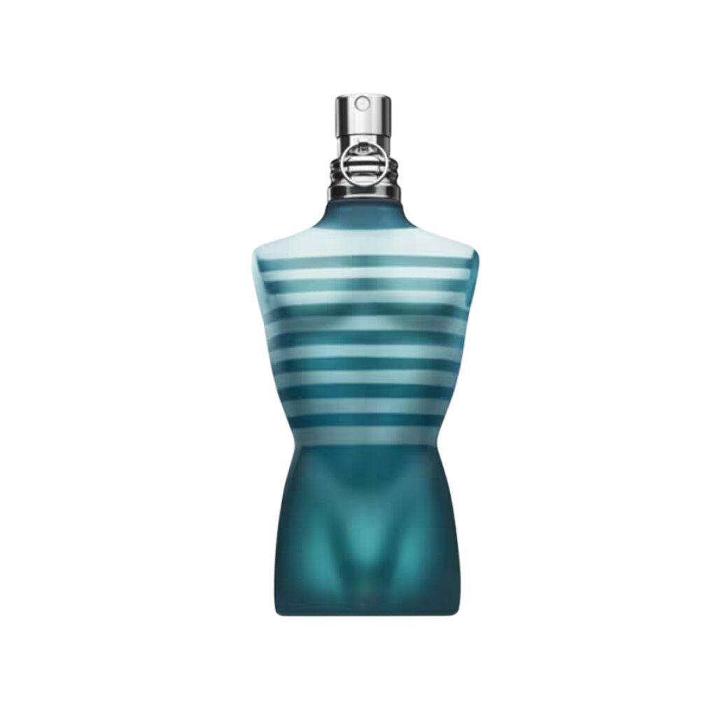 Flakon in Form eines männlichen Torsos mit horizontalen blauen Streifen und silbernem Zerstäuber.