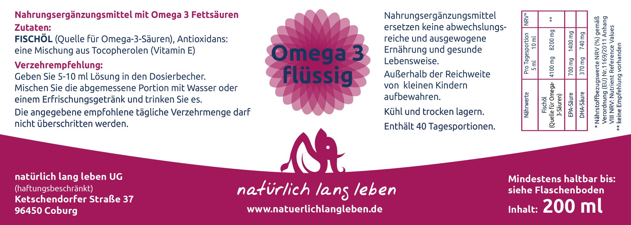Etikett mit Text: "Omega 3 flüssig", Zutaten, Verzehrempfehlung, Inhaltsangaben. Logo "natürlich lang leben".